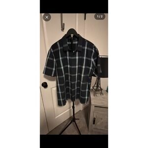 Perry Ellis Mens Plaid Short Sleeve Button Up Blue Green Collared Shirt SZ XL